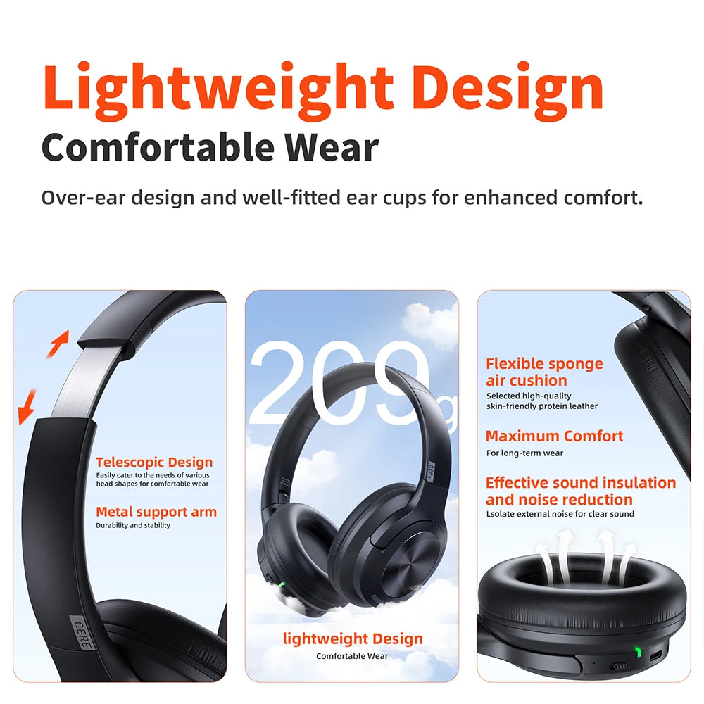 Wireless Headphones QERE E80 Bluetooth 5.3 ANC Noise Cancellation Hi-Res Audio Over Ear Headset 70 Hours Battery Life 40mm Driver - Sales Savvy Shop