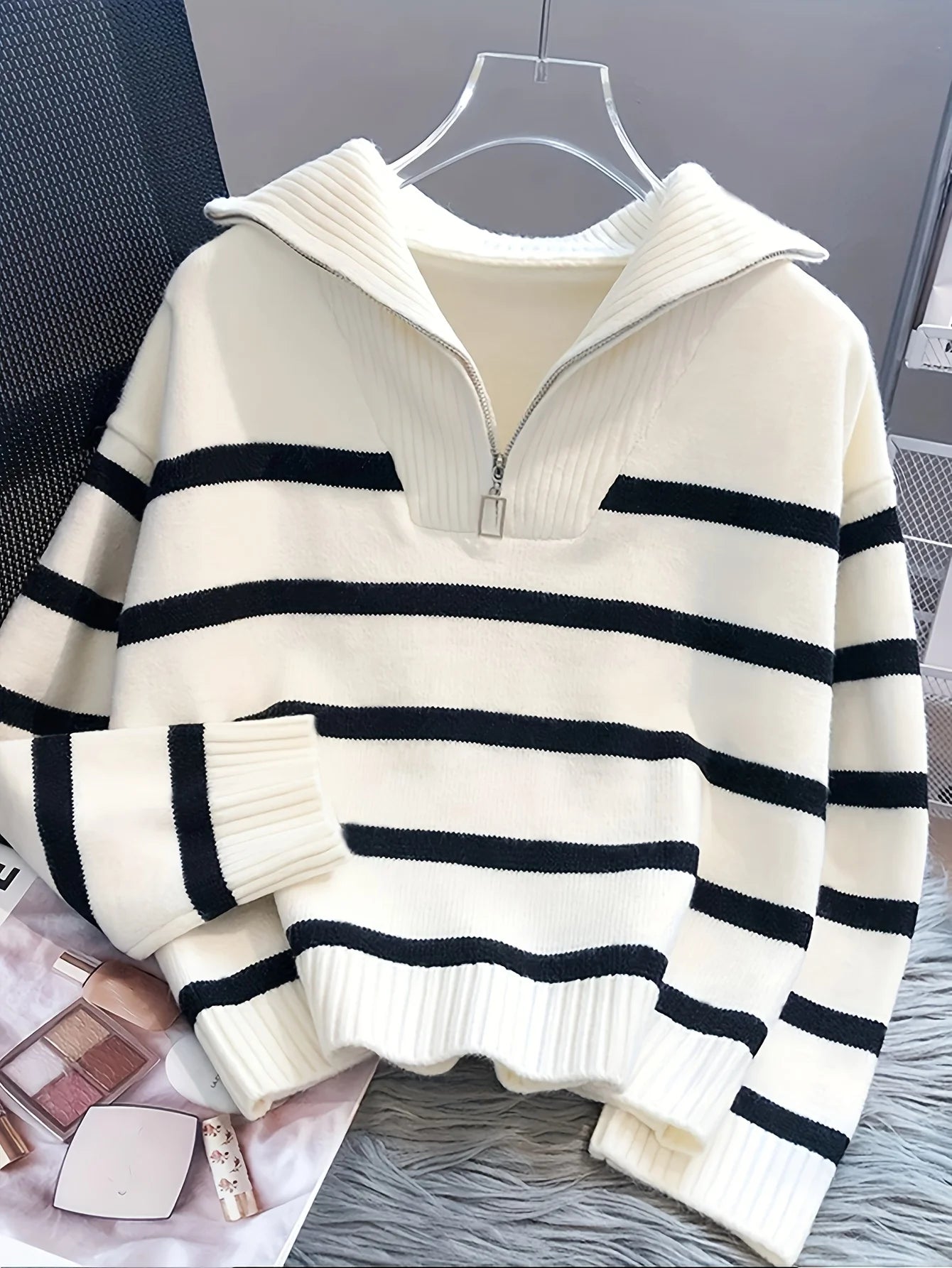 Winter Thickened Striped Zipper Pullover Sweater Women - Sales Savvy Shop