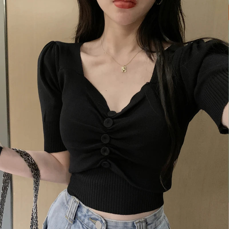 Womens Short Sleeve Knit Top Button Front Sweetheart Neck - Sales Savvy Shop