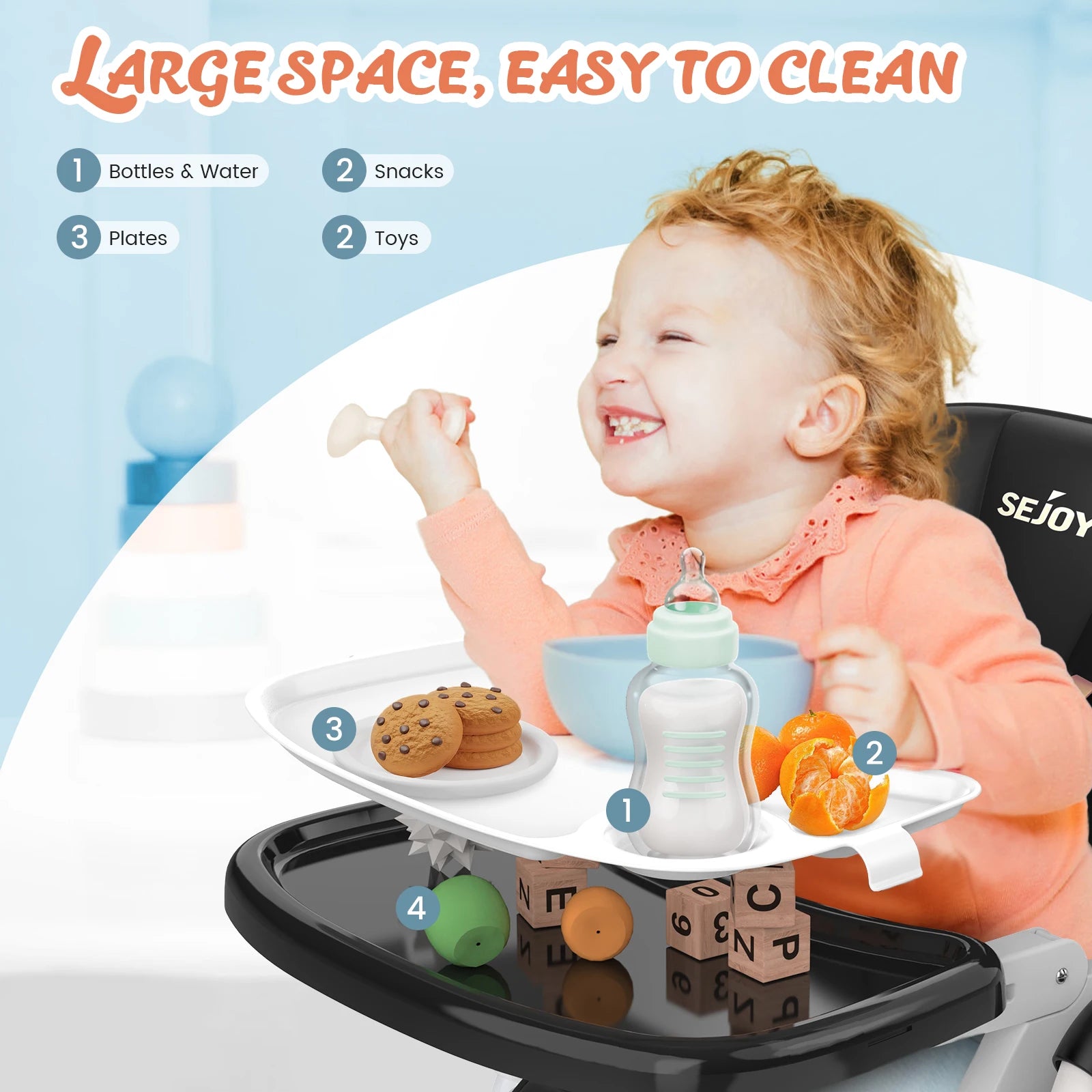 Sejoy Adjustable Baby High Chair with 5 Point Harness 3 Tier Tray and Wheels CE CPC Certified Children's Dining Chair - Sales Savvy Shop