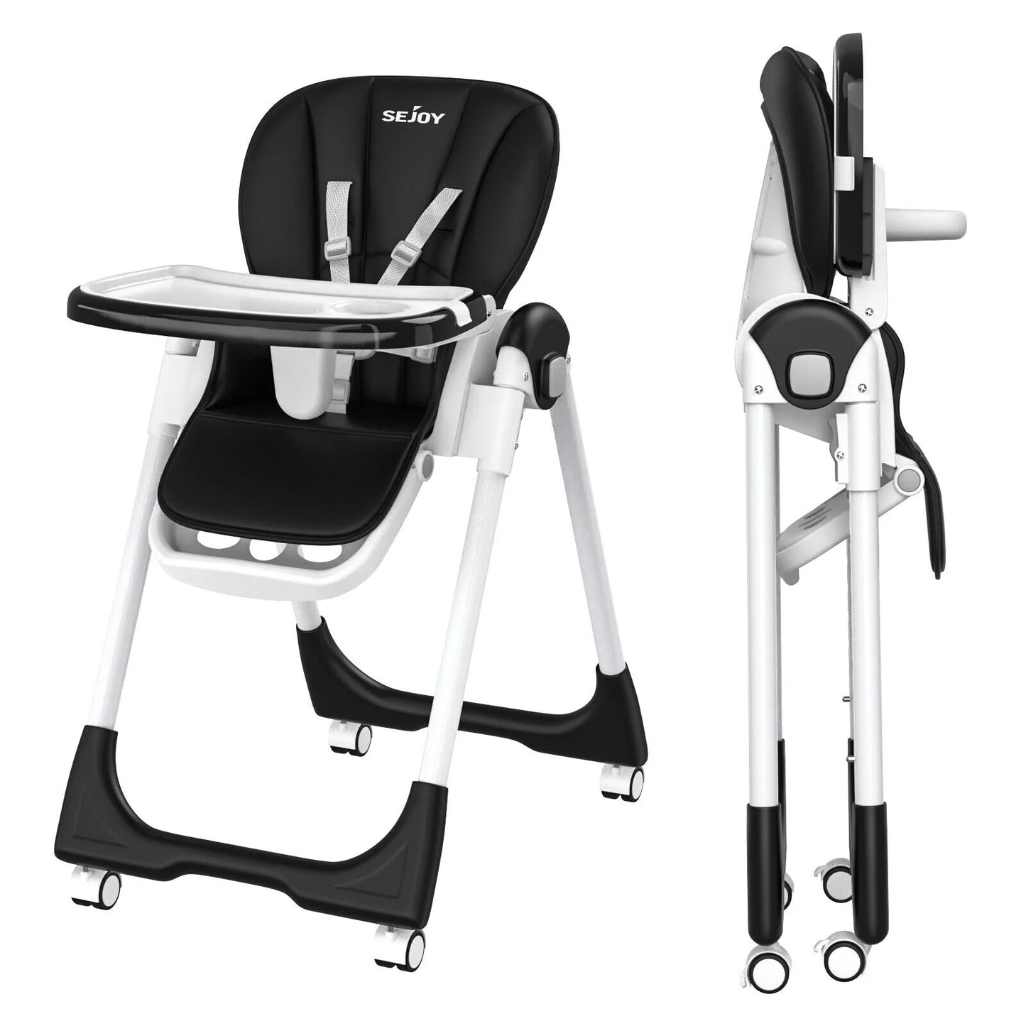 Sejoy Adjustable Baby High Chair with 5 Point Harness 3 Tier Tray and Wheels CE CPC Certified Children's Dining Chair - Sales Savvy Shop