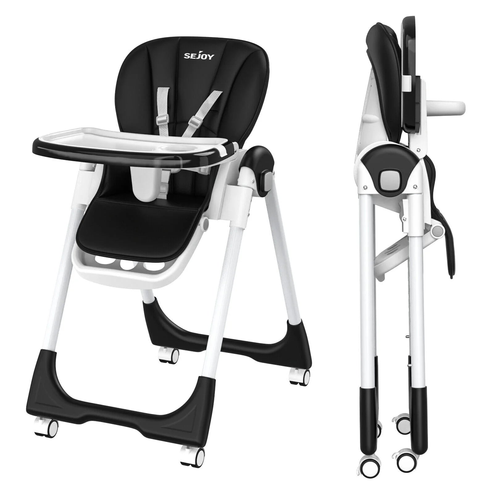 Sejoy Adjustable Baby High Chair with 5 Point Harness 3 Tier Tray and Wheels CE CPC Certified Children's Dining Chair - Sales Savvy Shop