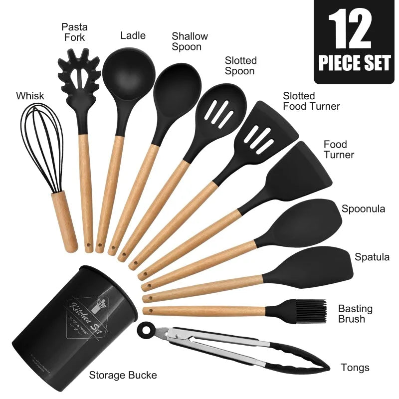 Silicone Cooking Utensils Set of 12 With Solid Wood Handles and Holder Bucket - Sales Savvy Shop