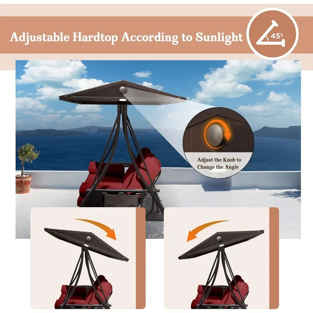 Outdoor Porch Swing with Polycarbonate Hardtop 3 Seat Patio Swing with Convertible Backrest and 2 Side Cup Holders in Wine Red - Sales Savvy Shop