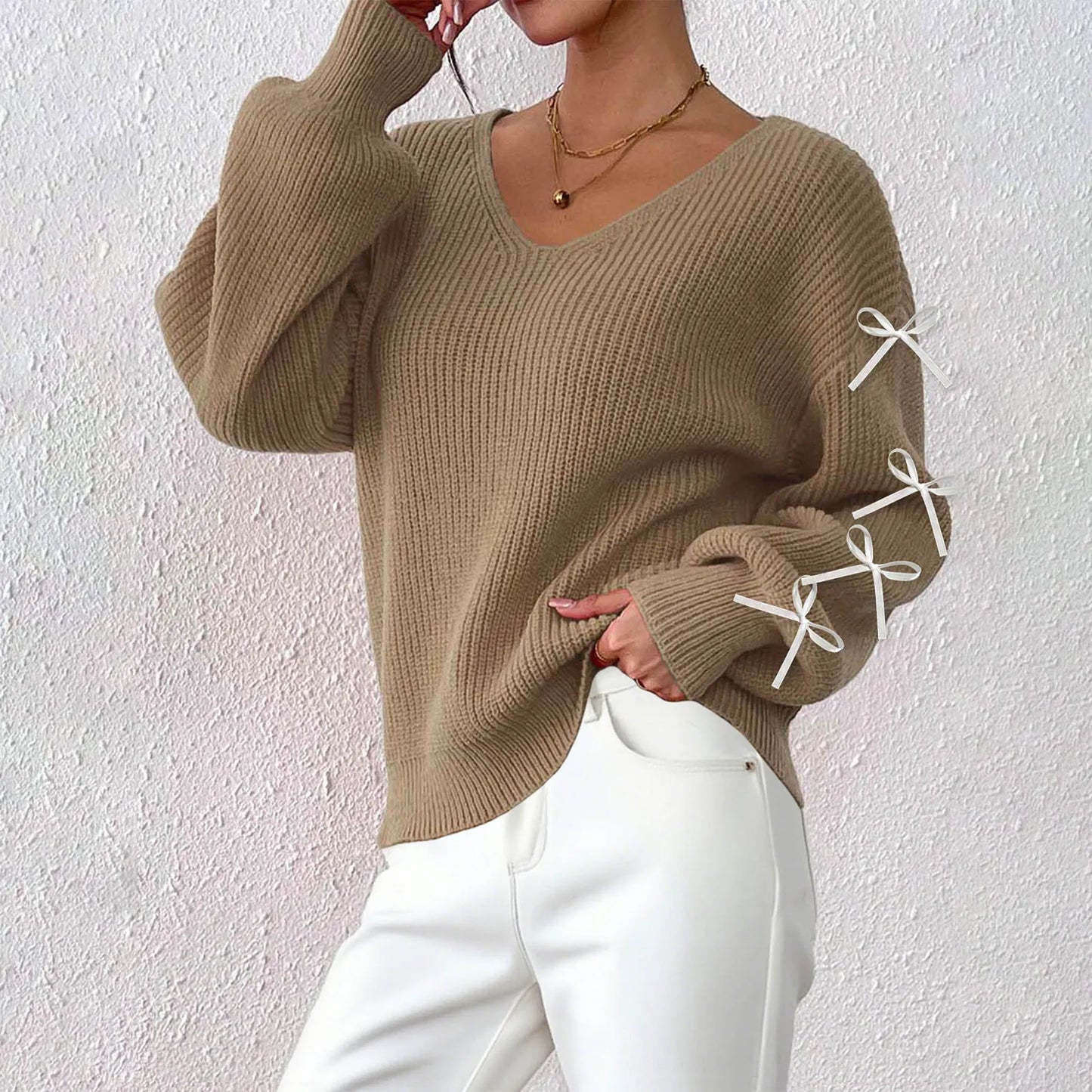 2025 Ribbon Bow Knitted Pullover For Women Winter Warm Top - Sales Savvy Shop