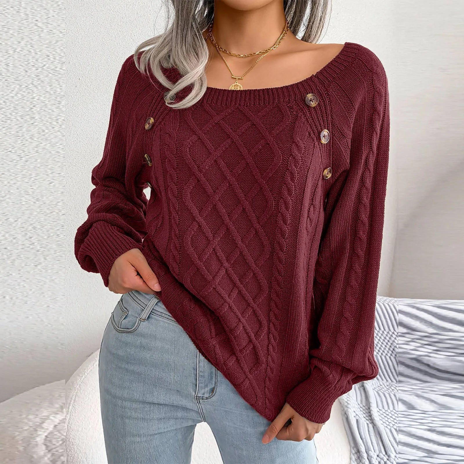 Women's Solid Color Square Neck Button Cable Knit Pullover - Sales Savvy Shop