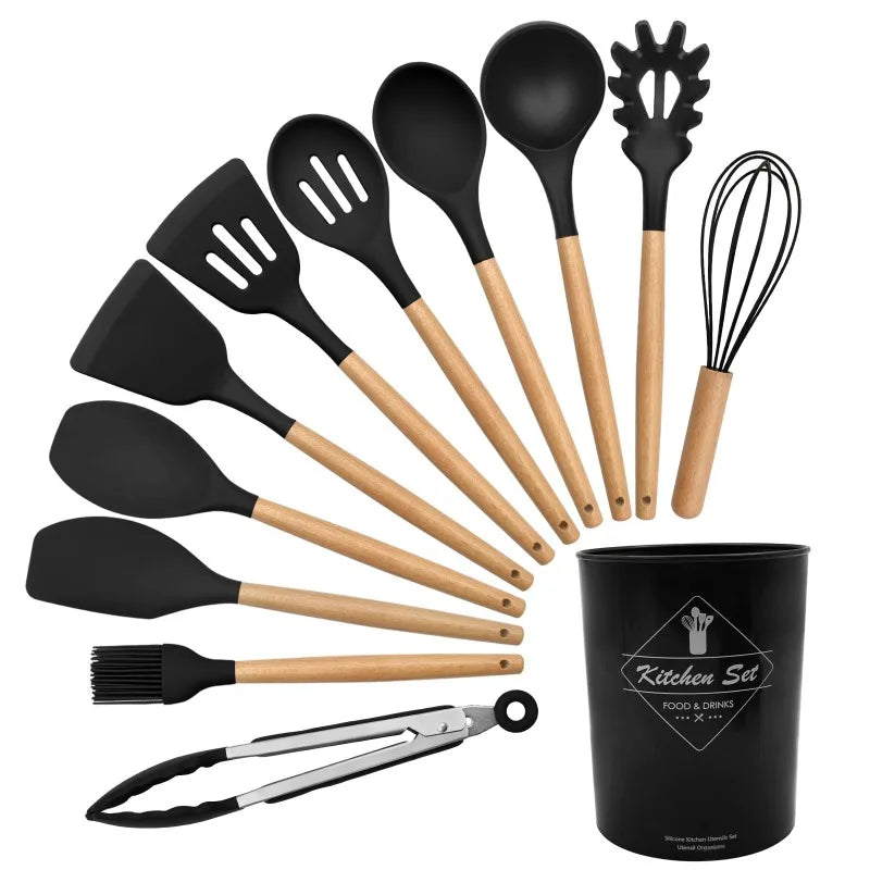 Silicone Cooking Utensils Set of 12 With Solid Wood Handles and Holder Bucket - Sales Savvy Shop