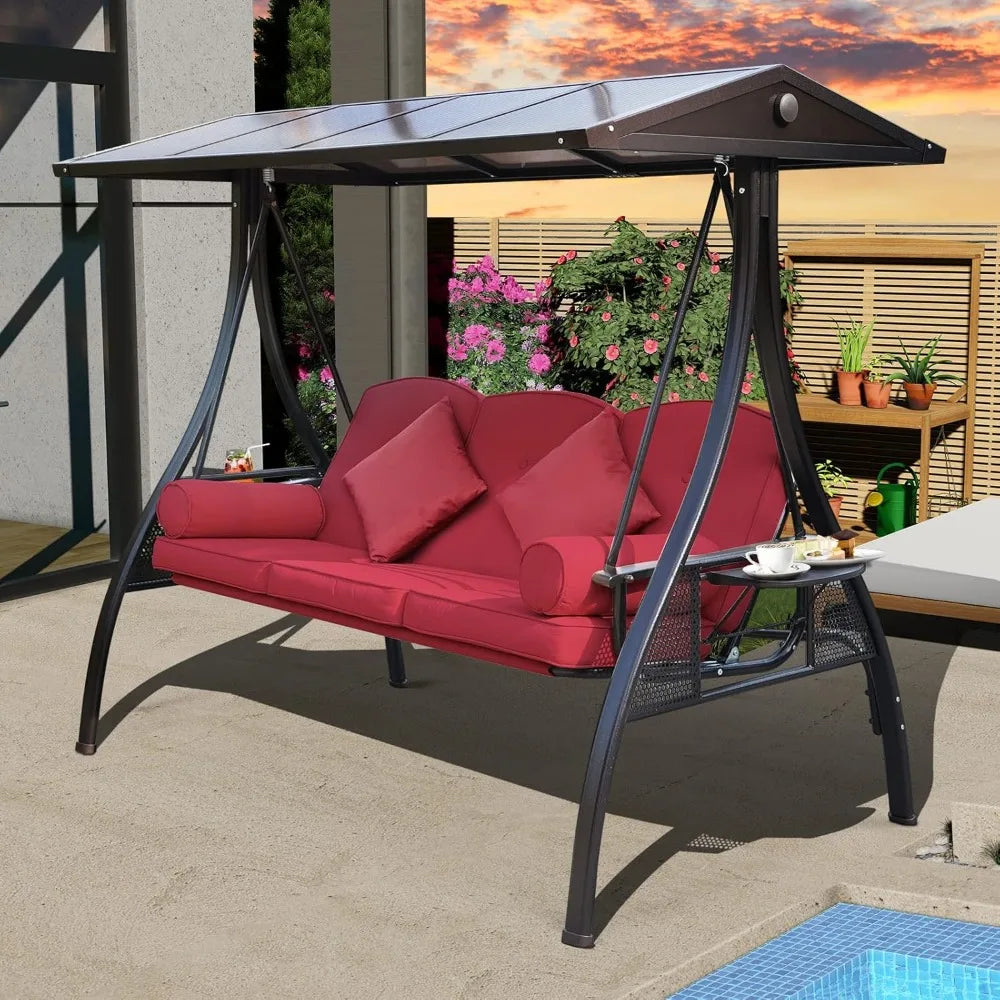 Outdoor Porch Swing with Polycarbonate Hardtop 3 Seat Patio Swing with Convertible Backrest and 2 Side Cup Holders in Wine Red - Sales Savvy Shop