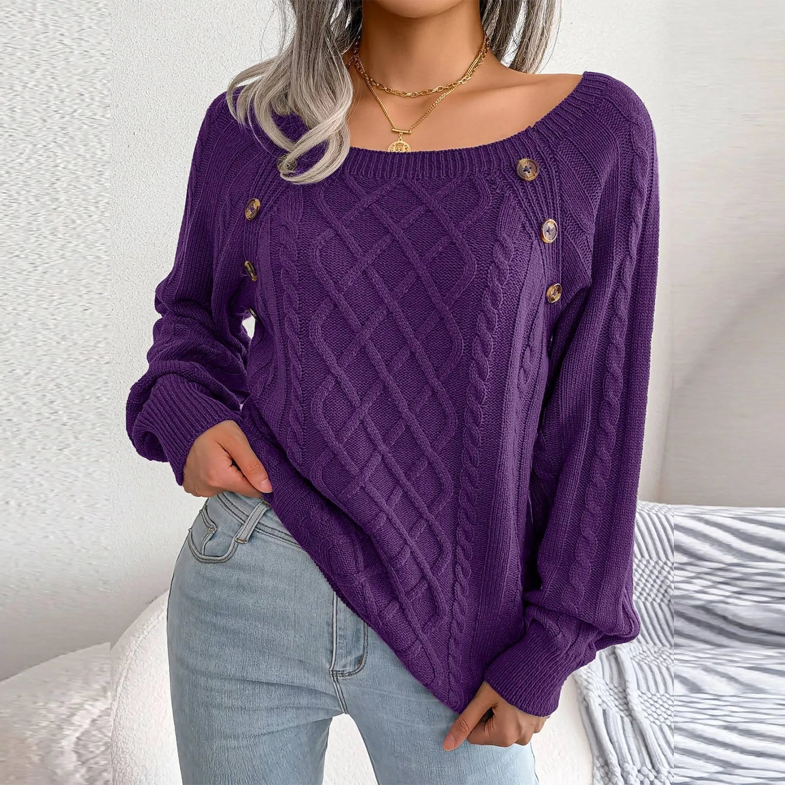 Women's Solid Color Square Neck Button Cable Knit Pullover - Sales Savvy Shop