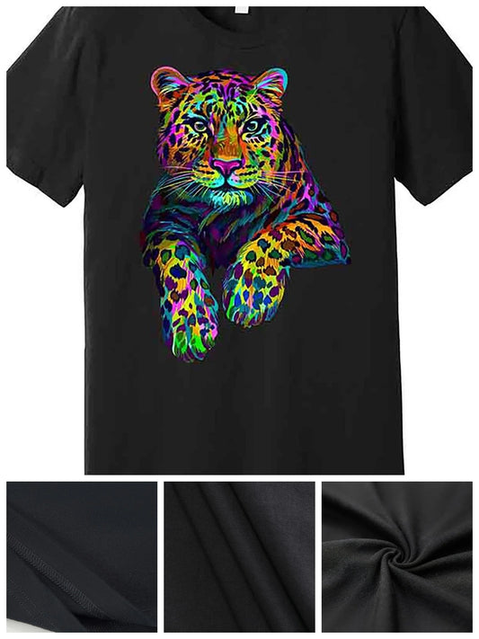 Vibrant Neon Leopard Jaguar Graphic Short Sleeve T-Shirt for Men in Black