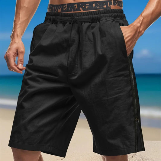 Men's Stylish Drawstring Elastic Waist Shorts with Side Zipper Detail and Loose Fit for Summer Casual Wear