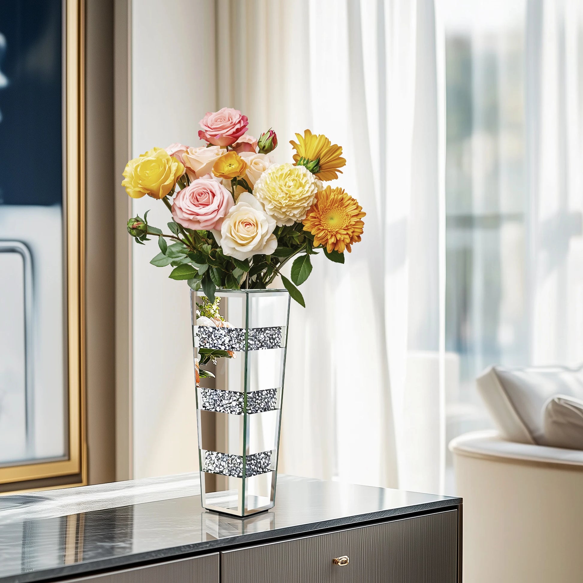 Tall Floor Mirror Vase Large Crushed Diamond Glass Vase for Home Decor Modern Crystal Centerpiece for Living Room Wedding Hotel - Sales Savvy Shop