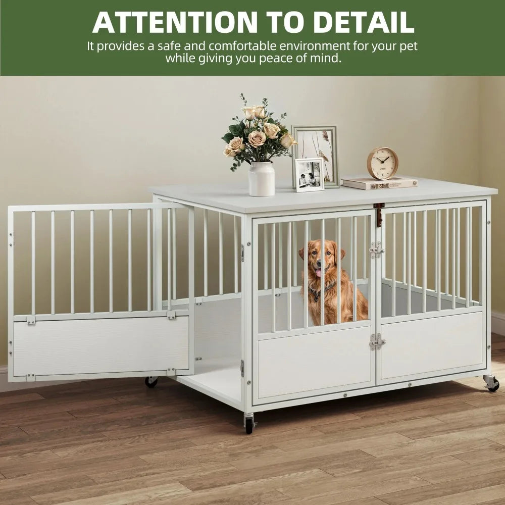 43 Inch Wooden Dog Crate Furniture with Wheels and Double Doors Indoor Dog Kennel White - Sales Savvy Shop