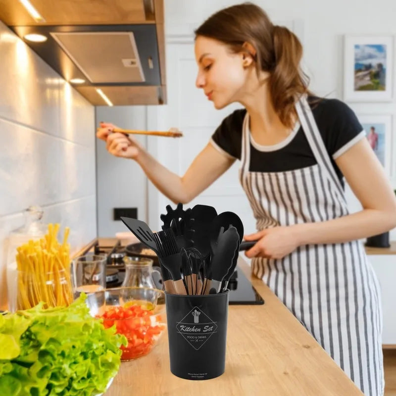 Silicone Cooking Utensils Set of 12 With Solid Wood Handles and Holder Bucket - Sales Savvy Shop