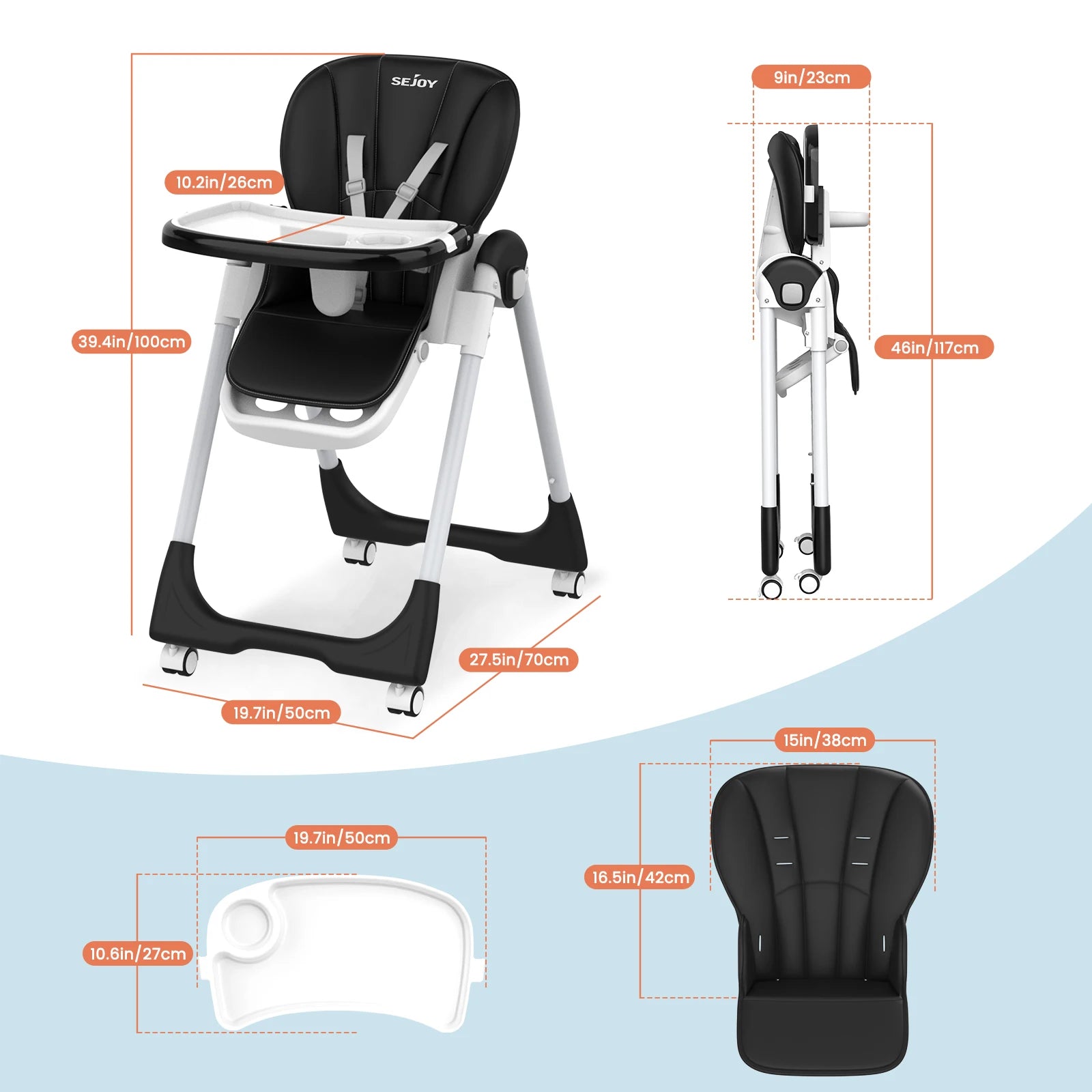 Sejoy Adjustable Baby High Chair with 5 Point Harness 3 Tier Tray and Wheels CE CPC Certified Children's Dining Chair - Sales Savvy Shop