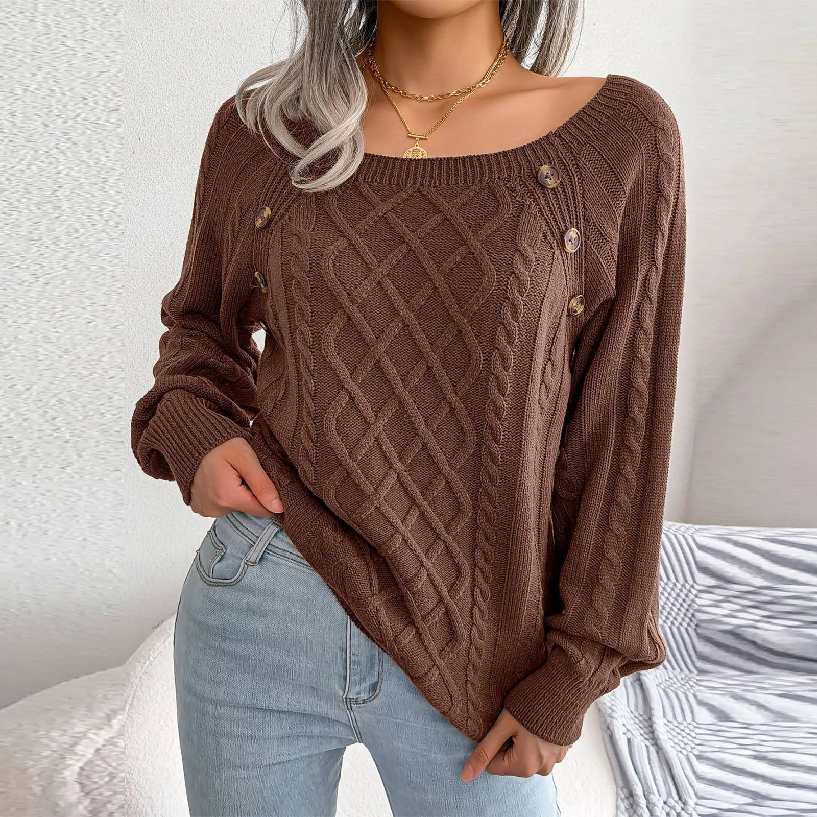 Women's Solid Color Square Neck Button Cable Knit Pullover - Sales Savvy Shop