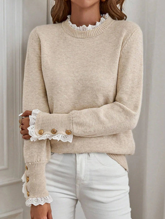 Autumn Winter Knit Top Lace Patchwork High Neck For Women - Sales Savvy Shop