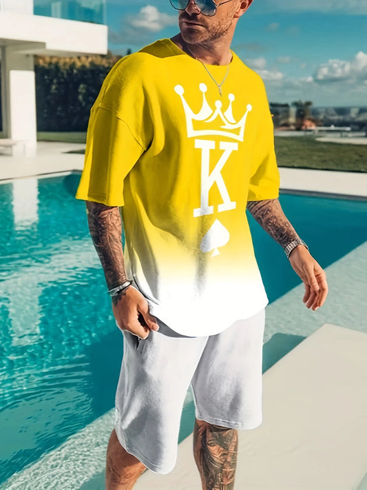 Men's Trendy Round Neck Short Sleeve Two Piece Suit with 3D Digital Print High Definition Pattern for Summer Leisure