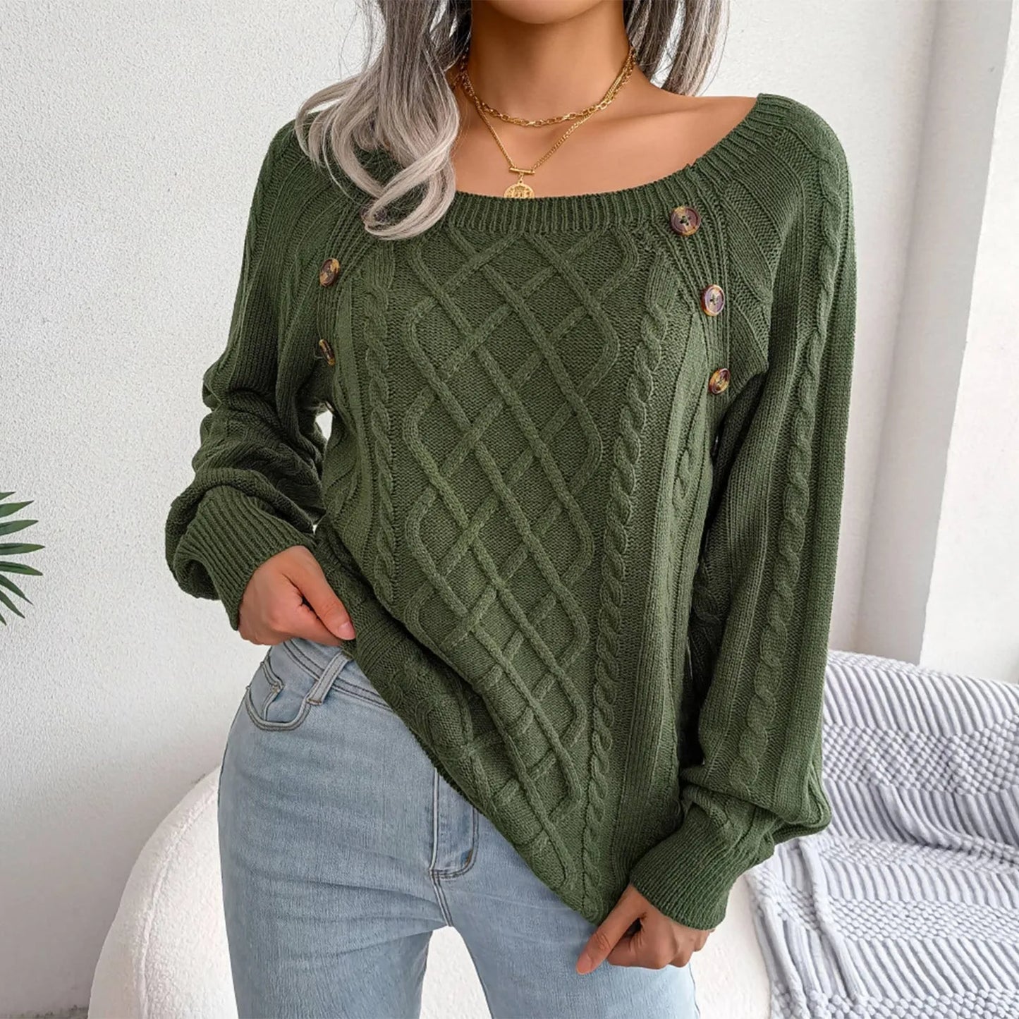 Women's Solid Color Square Neck Button Cable Knit Pullover - Sales Savvy Shop
