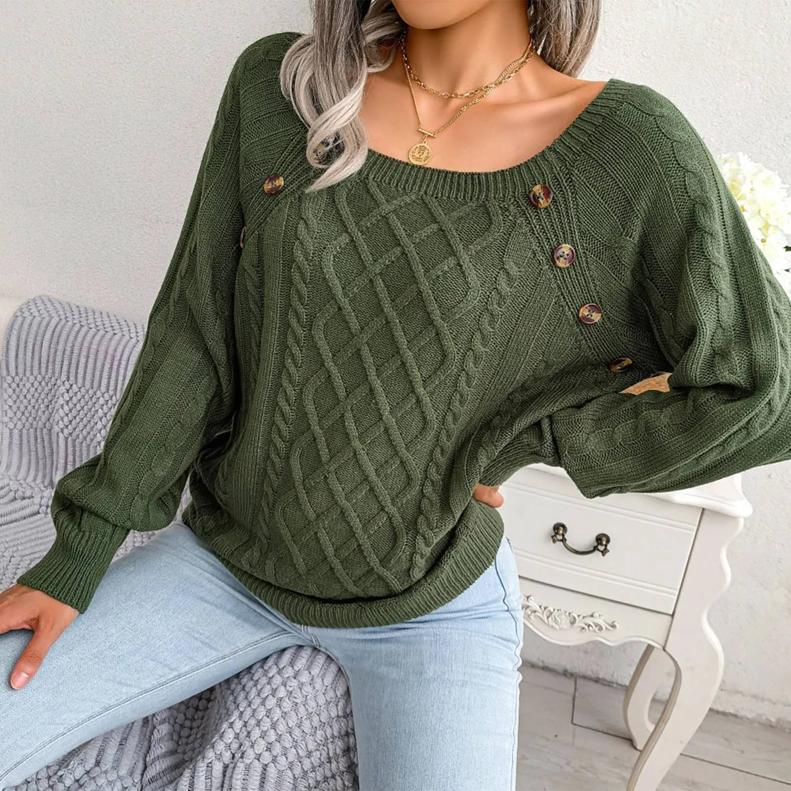 Women's Solid Color Square Neck Button Cable Knit Pullover - Sales Savvy Shop