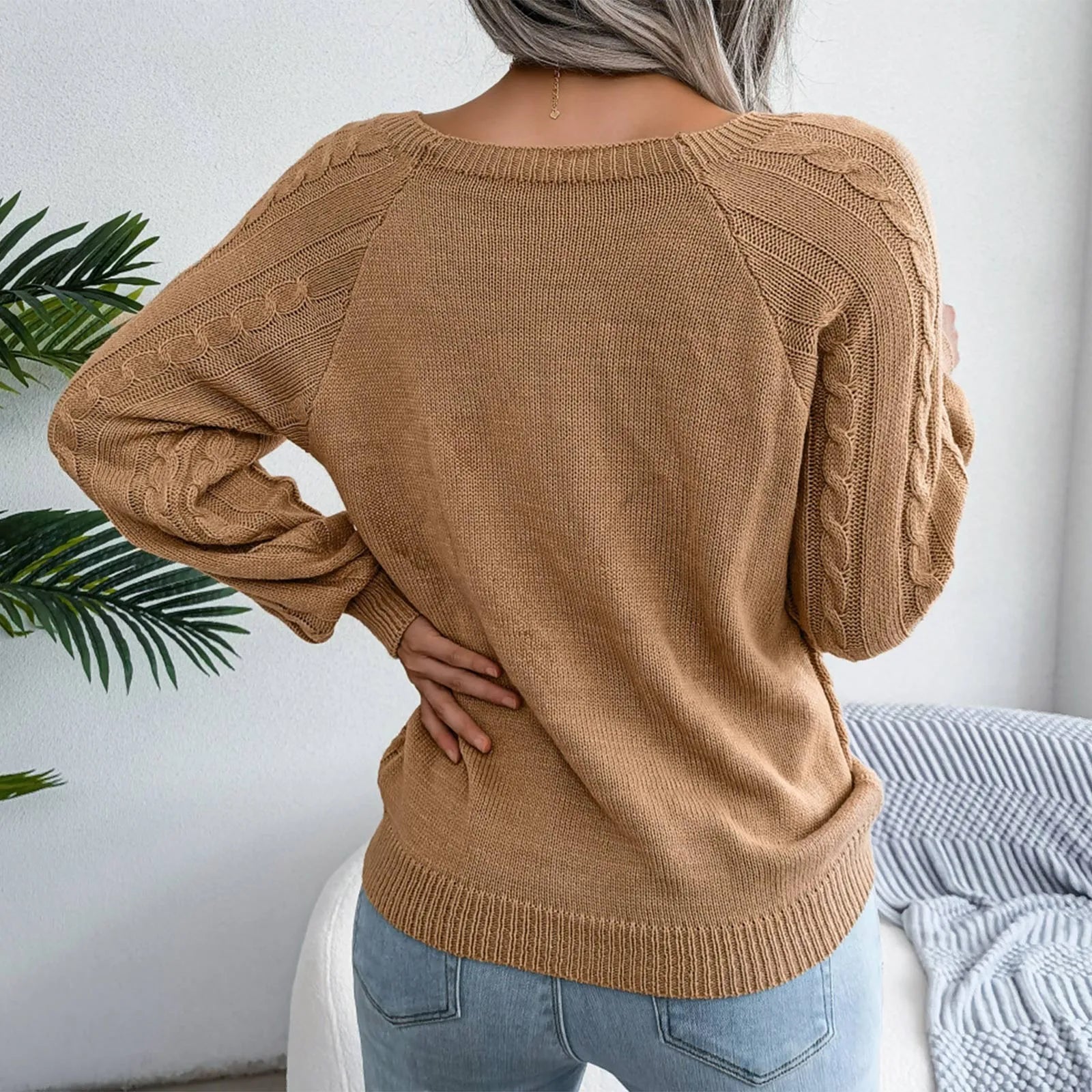 Women's Solid Color Square Neck Button Cable Knit Pullover - Sales Savvy Shop