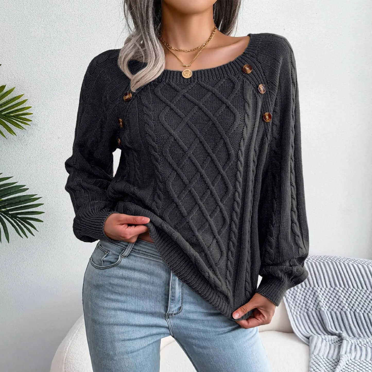 Women's Solid Color Square Neck Button Cable Knit Pullover - Sales Savvy Shop