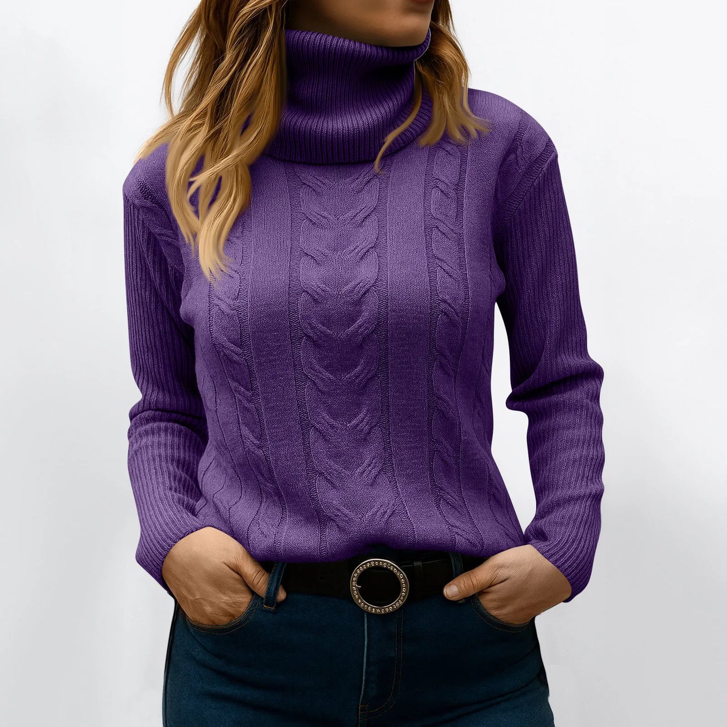 Women's Color High Neck Long Sleeve Knit Pullover Sweater - Sales Savvy Shop