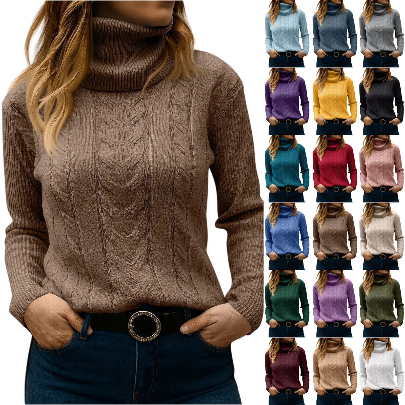 Women's Color High Neck Long Sleeve Knit Pullover Sweater - Sales Savvy Shop
