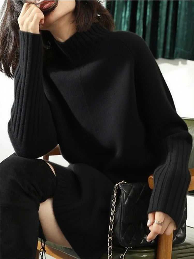 Women Black Long Sleeve Knit Sweater Dress Half Turtleneck - Sales Savvy Shop