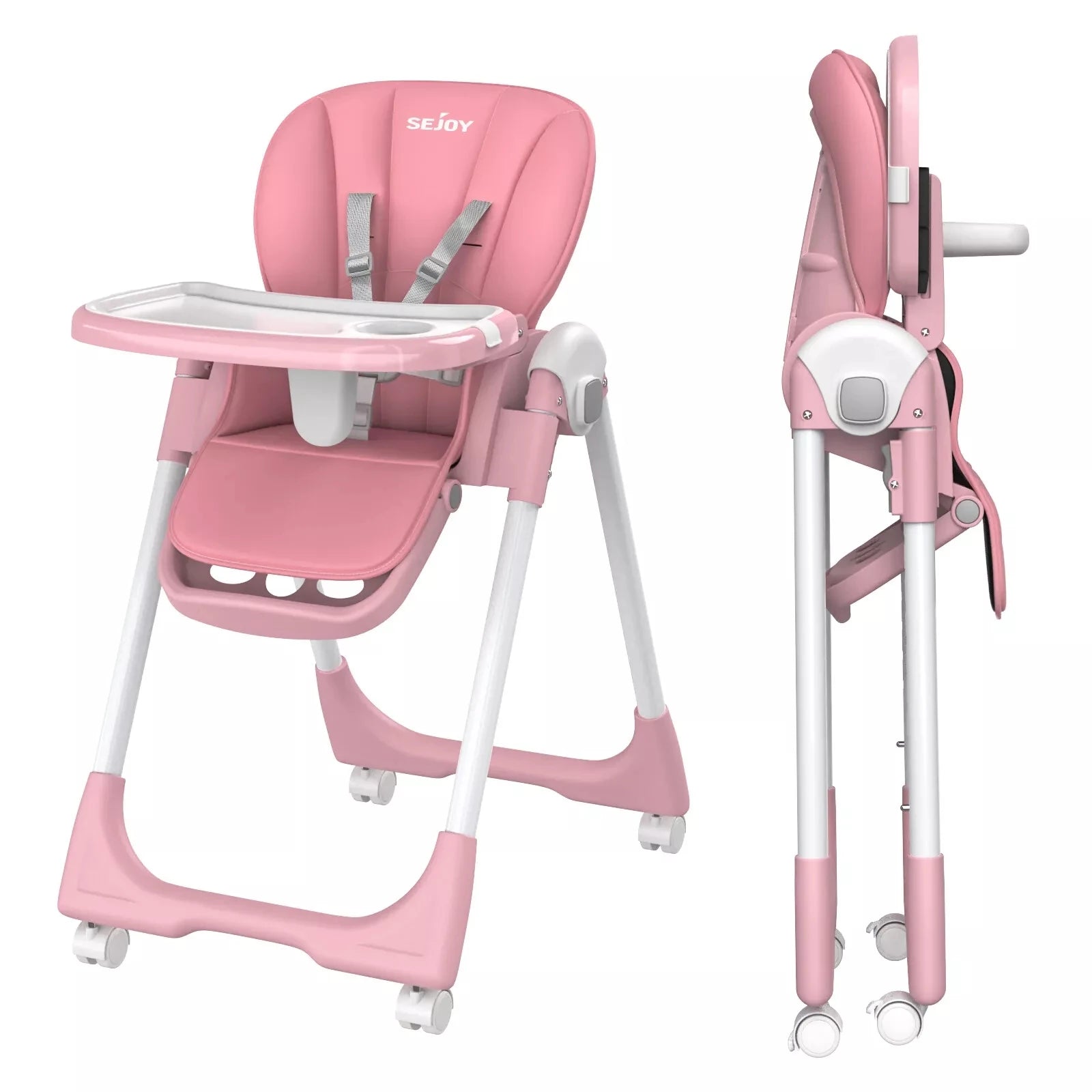 Sejoy Adjustable Baby High Chair with 5 Point Harness 3 Tier Tray and Wheels CE CPC Certified Children's Dining Chair - Sales Savvy Shop