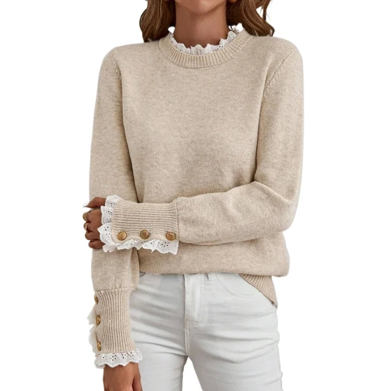 Autumn Winter Knit Top Lace Patchwork High Neck For Women - Sales Savvy Shop