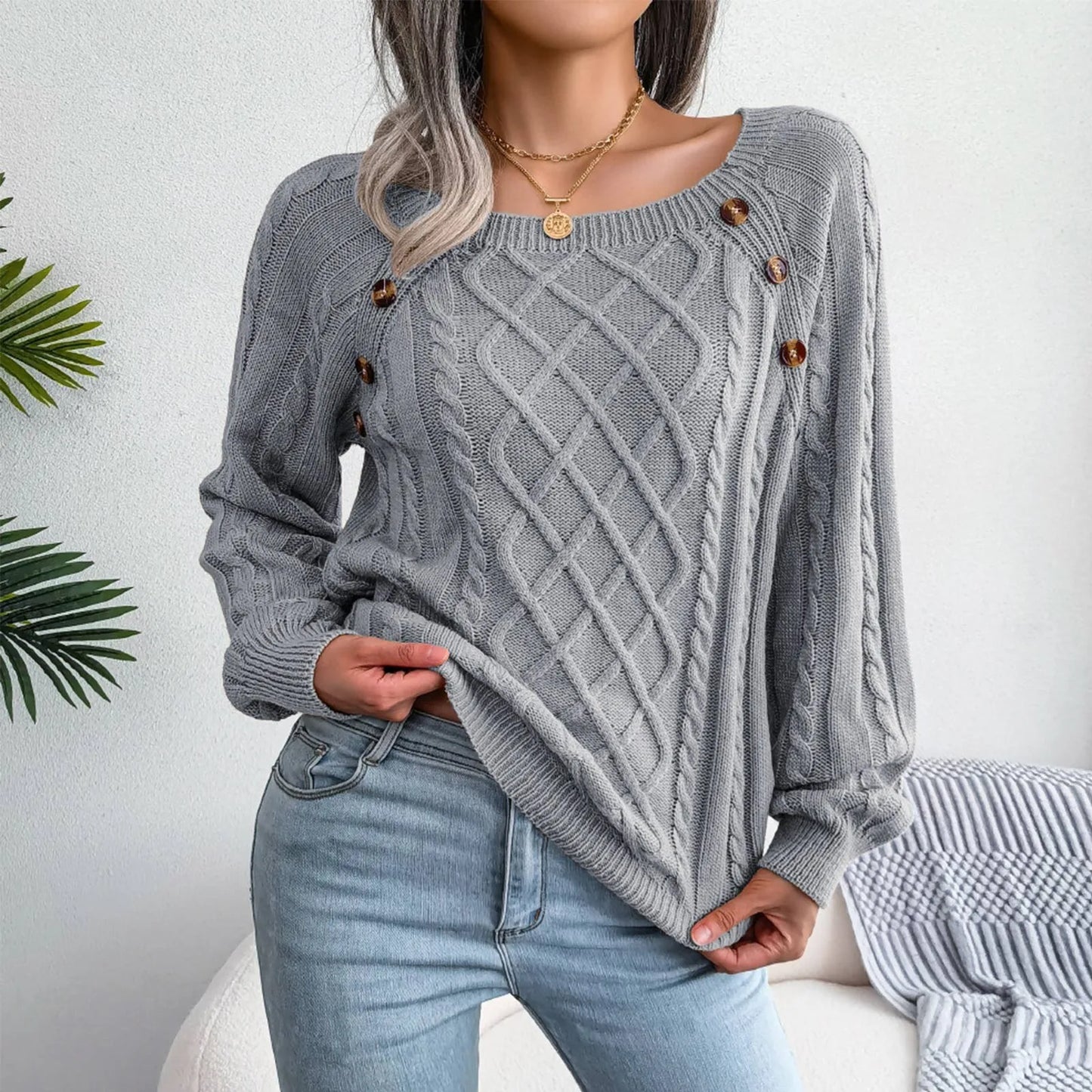 Women's Solid Color Square Neck Button Cable Knit Pullover - Sales Savvy Shop