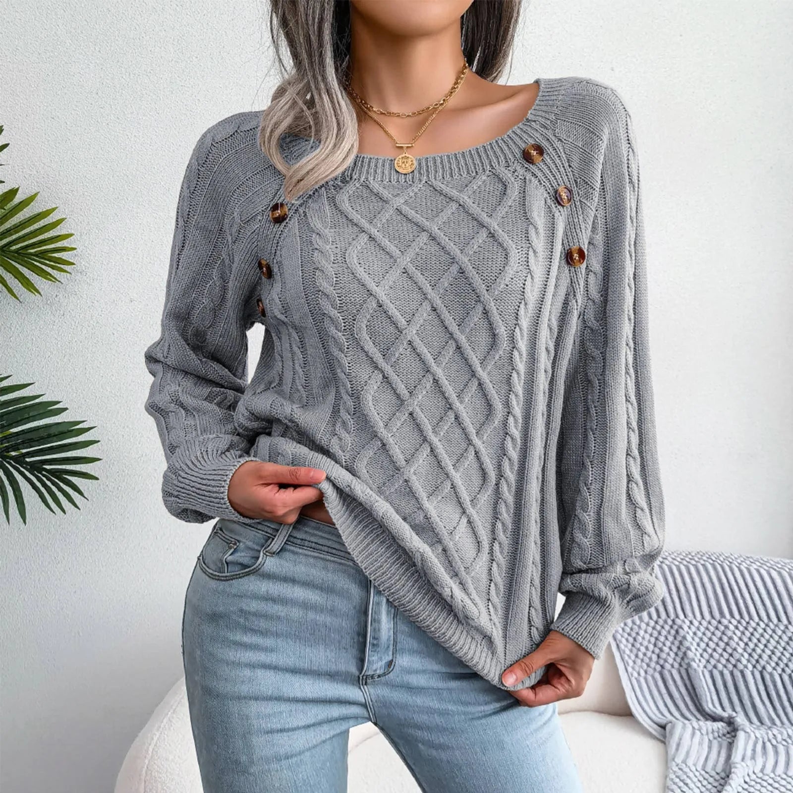 Women's Solid Color Square Neck Button Cable Knit Pullover - Sales Savvy Shop
