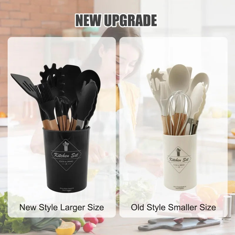 Silicone Cooking Utensils Set of 12 With Solid Wood Handles and Holder Bucket - Sales Savvy Shop