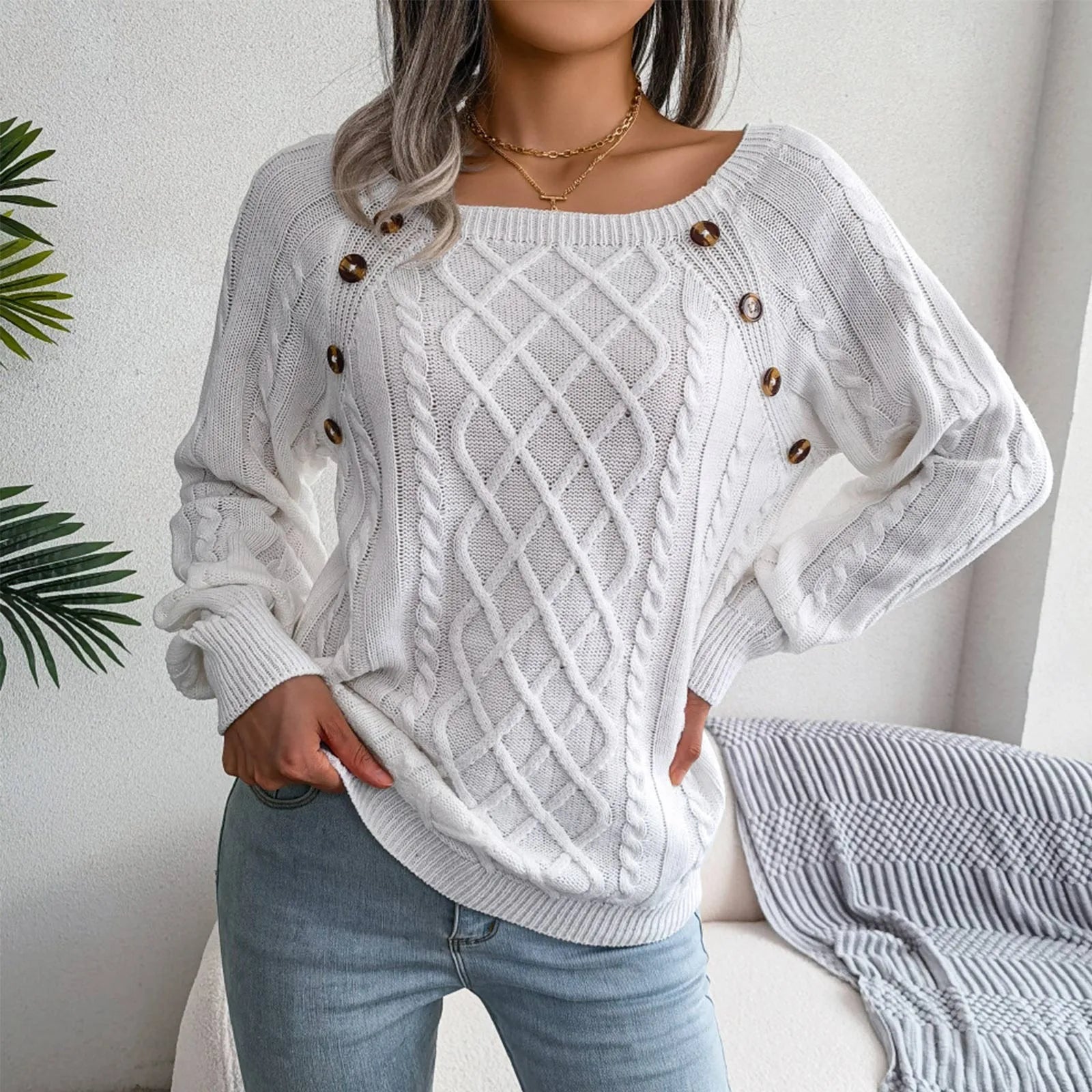 Women's Solid Color Square Neck Button Cable Knit Pullover - Sales Savvy Shop
