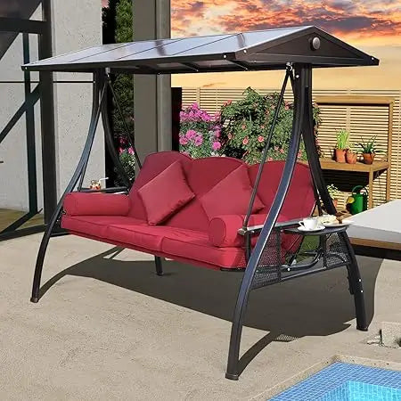 Outdoor Porch Swing with Polycarbonate Hardtop 3 Seat Patio Swing with Convertible Backrest and 2 Side Cup Holders in Wine Red - Sales Savvy Shop