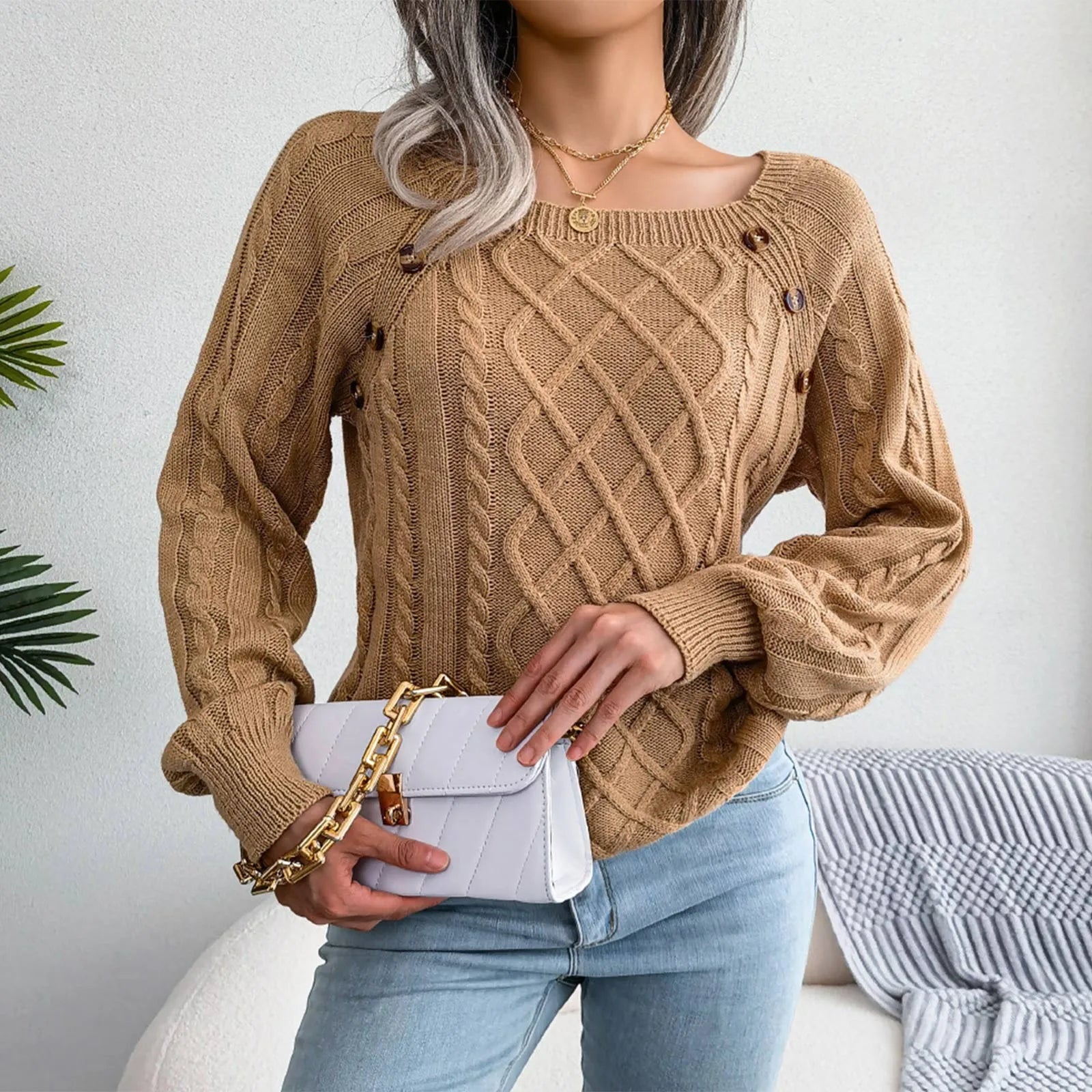 Women's Solid Color Square Neck Button Cable Knit Pullover - Sales Savvy Shop