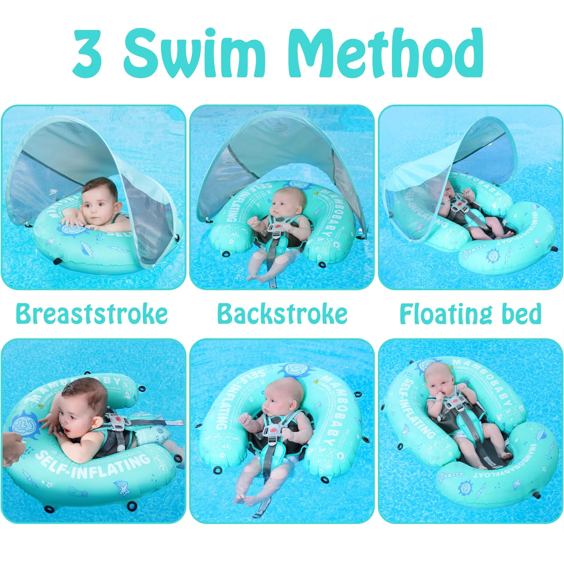 Hecciei Mambobaby Self Inflating Baby Swim Float with Canopy Compressible Folding Pool Float Soft Waterproof Swim Trainer - Sales Savvy Shop