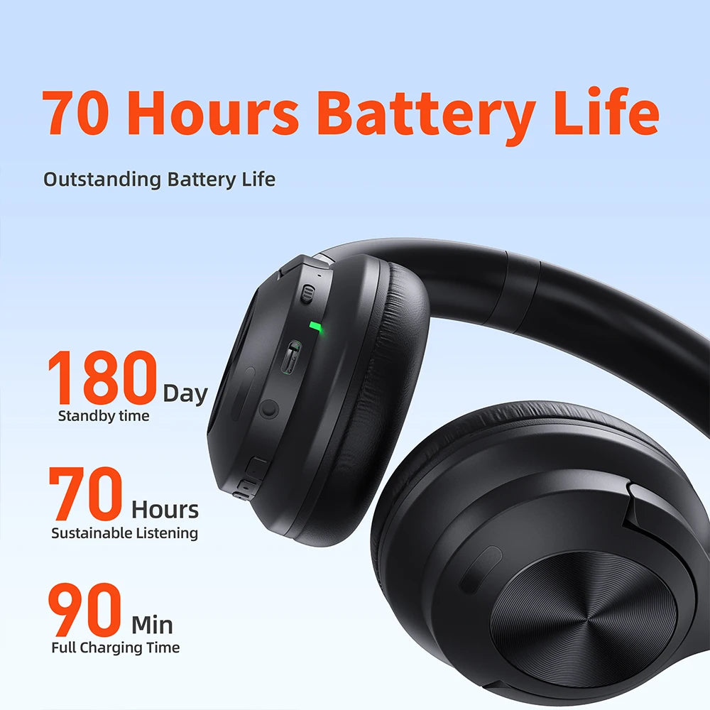 Wireless Headphones QERE E80 Bluetooth 5.3 ANC Noise Cancellation Hi-Res Audio Over Ear Headset 70 Hours Battery Life 40mm Driver - Sales Savvy Shop