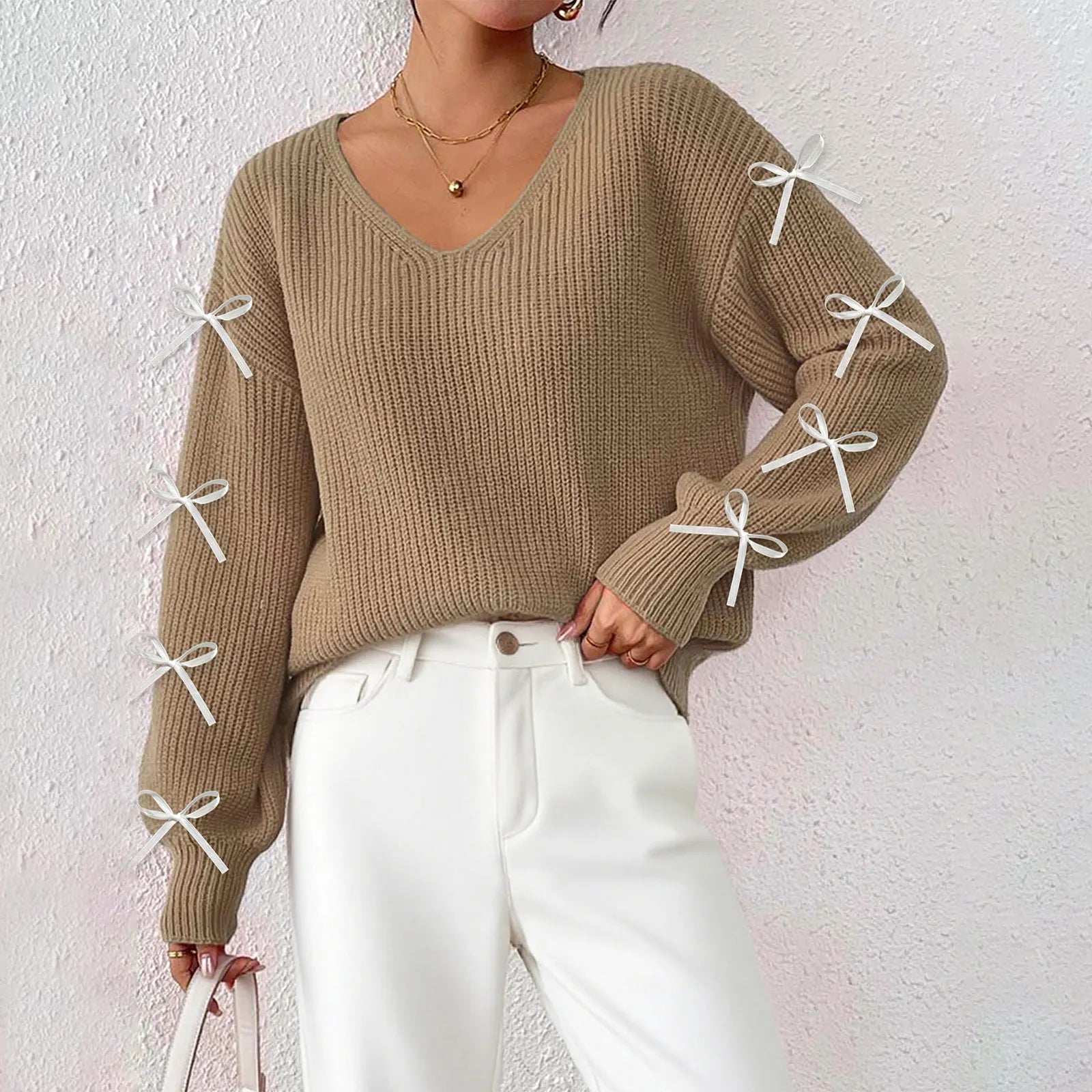 2025 Ribbon Bow Knitted Pullover For Women Winter Warm Top - Sales Savvy Shop