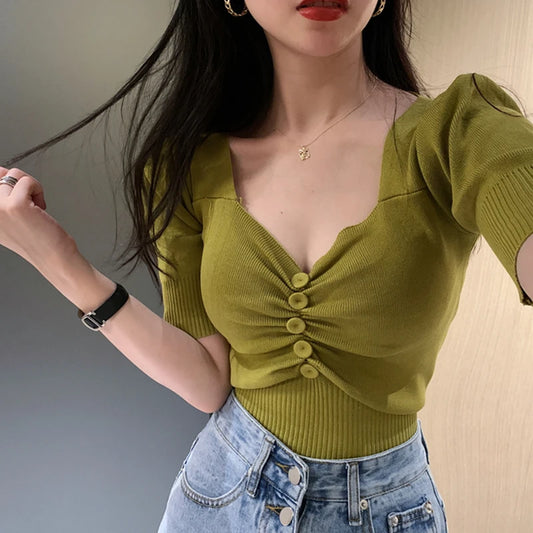 Womens Short Sleeve Knit Top Button Front Sweetheart Neck - Sales Savvy Shop