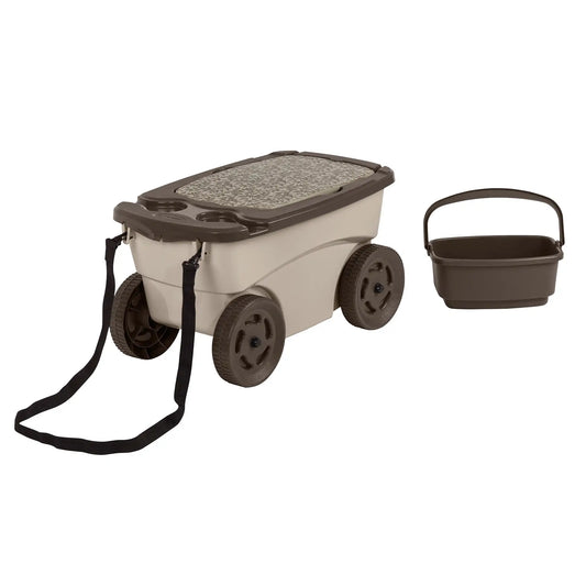 Outdoor Rolling Garden Scooter with Wheels and Pull Strap Light Taupe 14.5 Inches D x 24.25 Inches H x 13.5 Inches W - Sales Savvy Shop