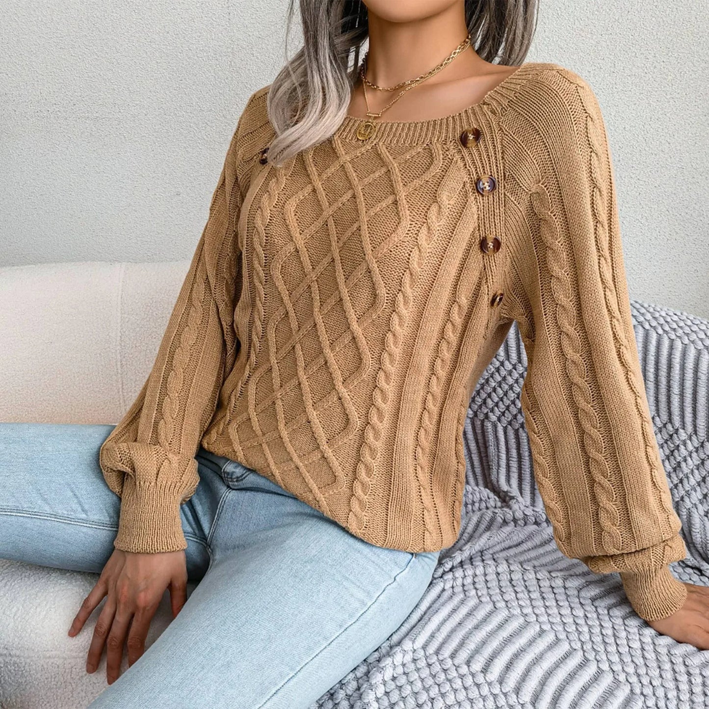 Women's Solid Color Square Neck Button Cable Knit Pullover - Sales Savvy Shop