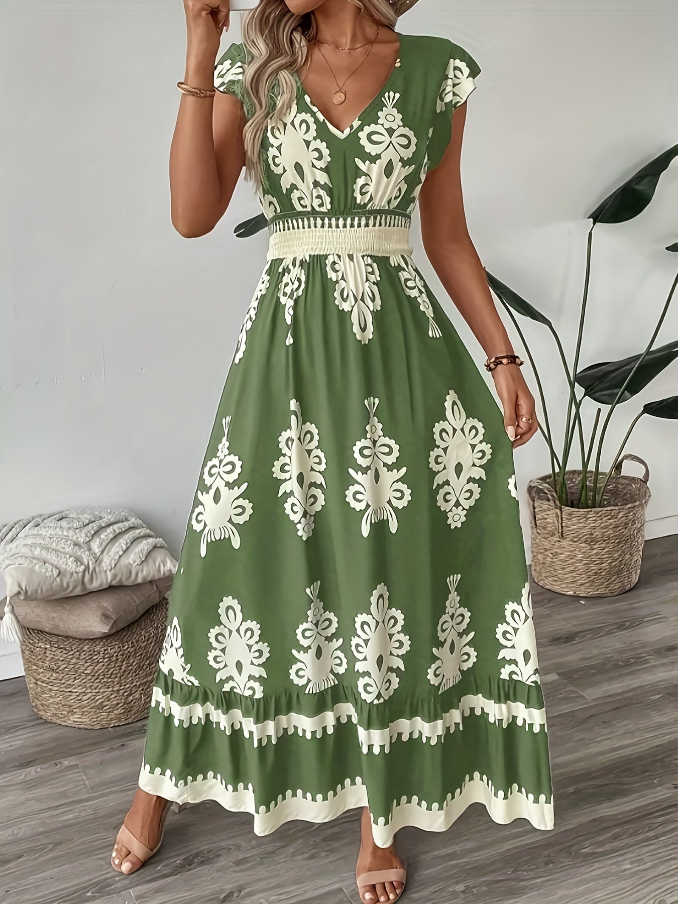 V Neck Trimmed Slim Fit Short Sleeved Belted Satin Ribbon Hem A Line Casual Women's Vacation Dress - Sales Savvy Shop