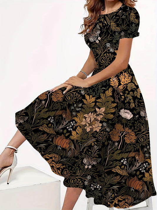 Elegant Plus Size Women's Long Sleeve Floral Print Dress Stretchy Polyester Machine Washable Loose Fit Flowy Long Length All Season Comfort Cozy Long Sleeve Dress Versatile Fashion Nontransparent Fabric